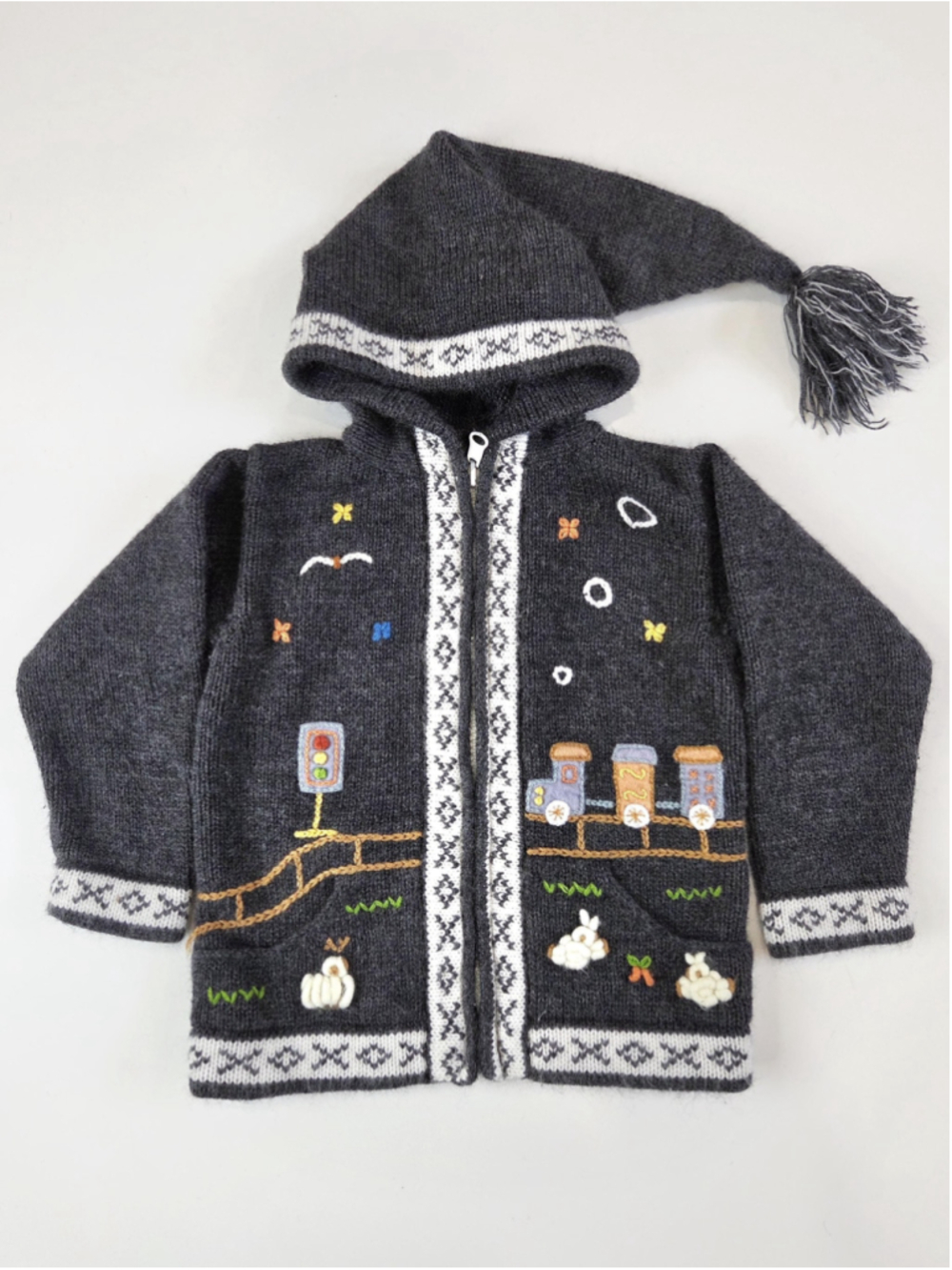 Vintage Peruvian handknit hooded cardigan, Le Monde de Diego, 12–24 months